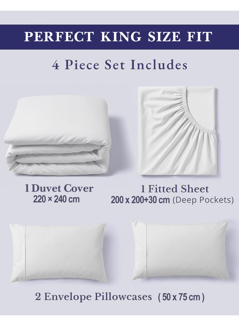 Eworld 4-Piece Luxury King Size White Bedding Set – 100% Cotton, 180 TC | Duvet Cover 220x240cm, Fitted Sheet 200x200+30cm & 2 Pillow Cases 50x75cm - Image 2